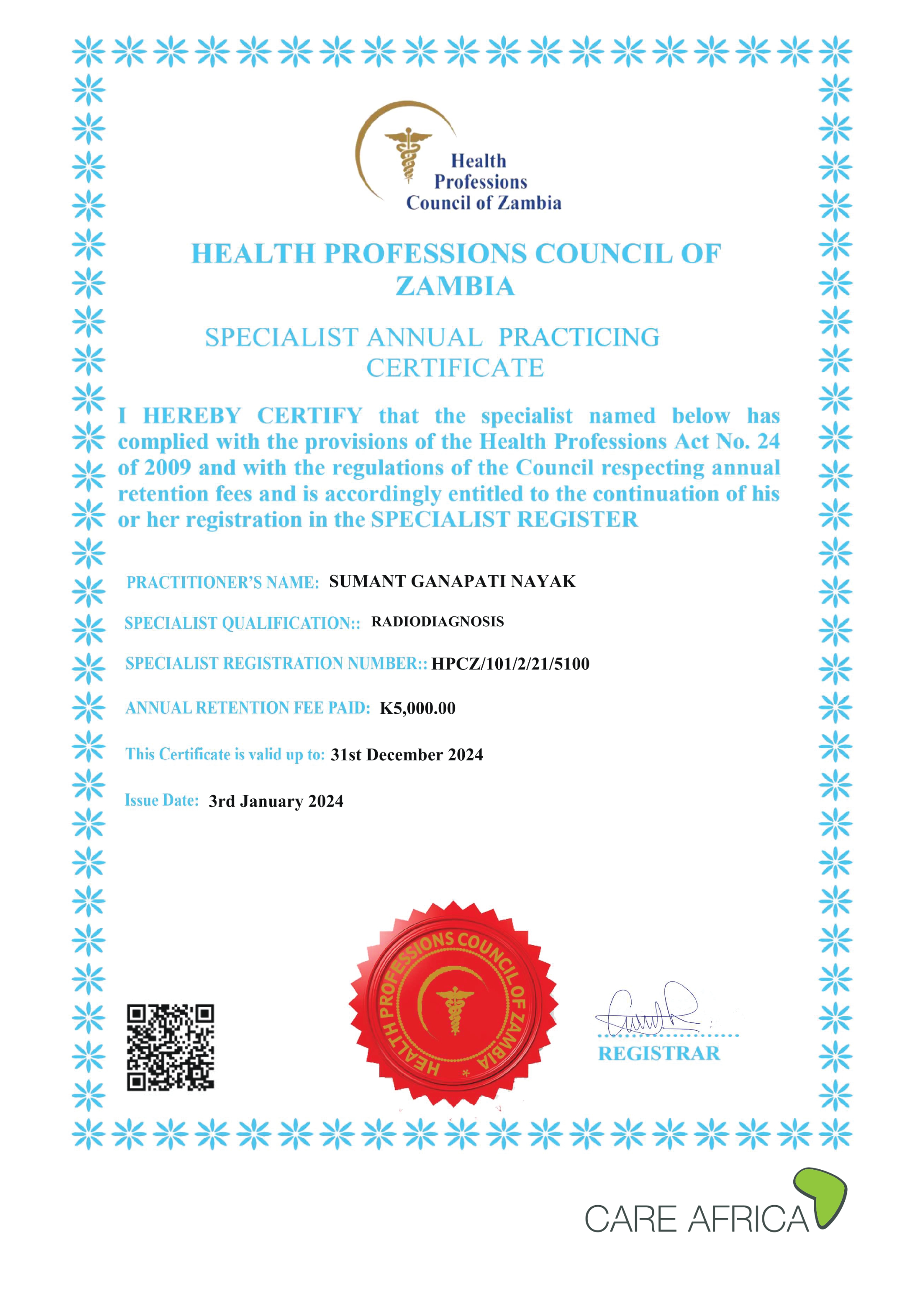 Health Professions Council of Zambia Certificate