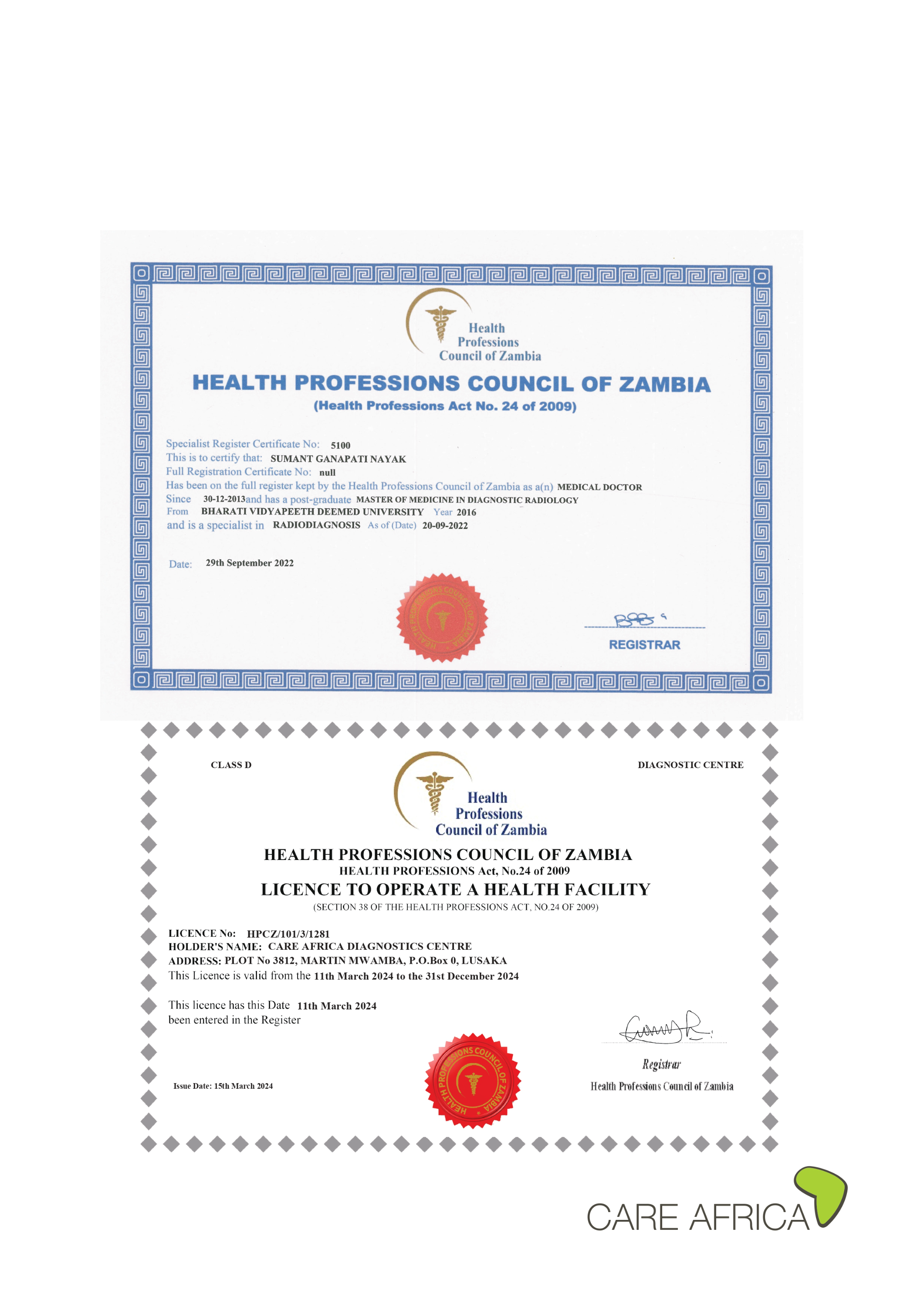 Health Professions Council of Zambia Certificate Document