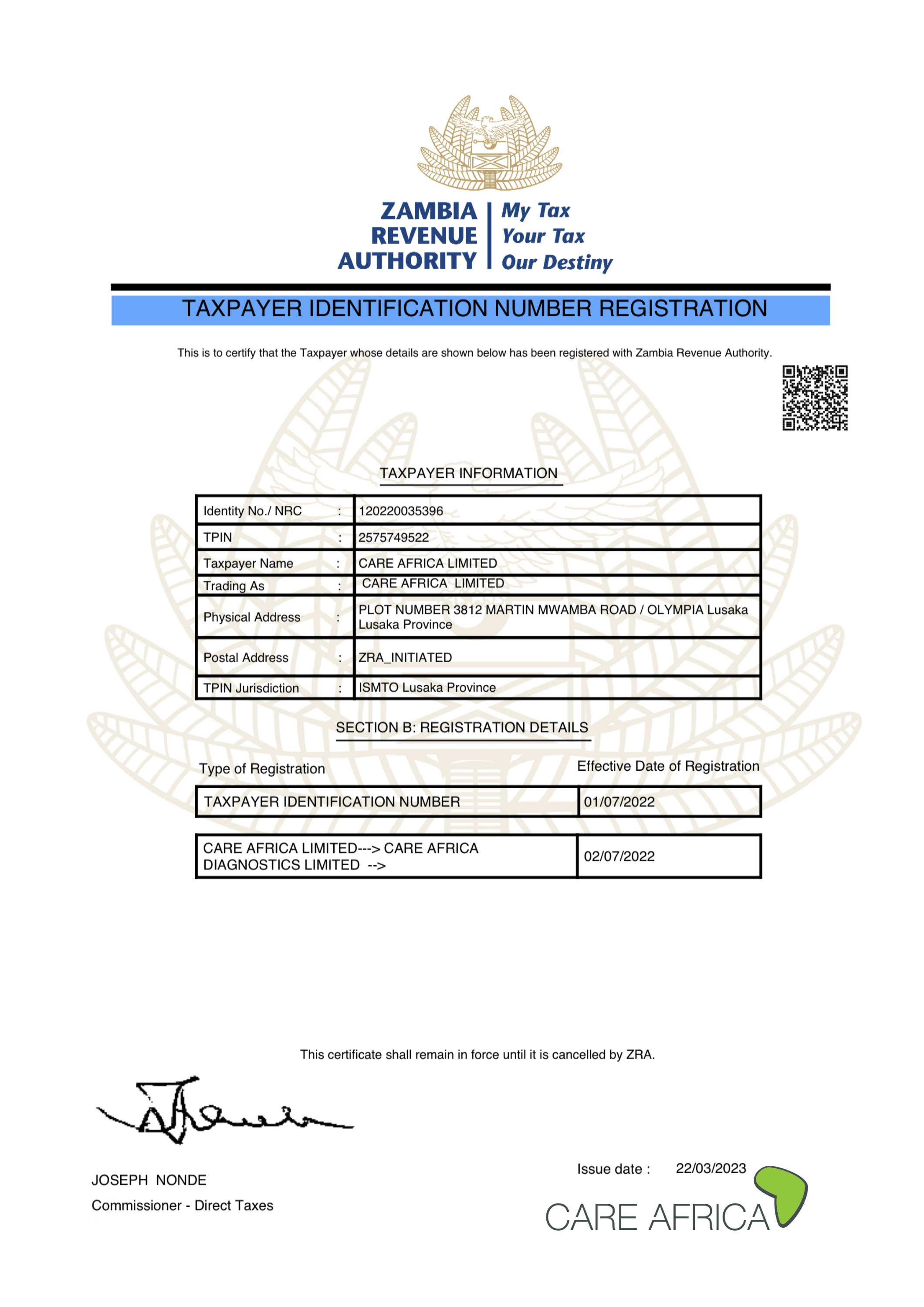 Zambia Revenue Authority Certificate